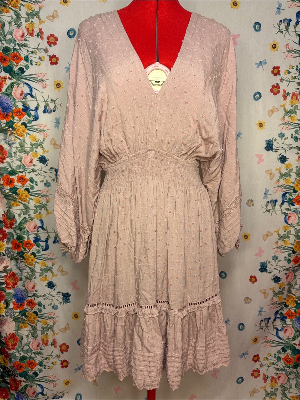 Lovestitch - *Has Minor Flaws* Dusty Blush V-Neck Boho Prarie Midi Dress NWT